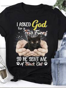 Pedí una camiseta de mujer con estilo, con un diseño de manos sosteniendo un gao negro, adorn con brillos y ojos amarillos, junto con texto drtido. Es una camiseta de manga corta, ligera, de secado rápido, con un corte hoado, así que por favor revise la tabla de tallas. - Negro - Ver 2