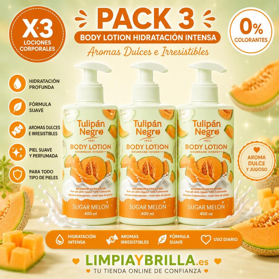 Pack 3 Body Lotion Tulipán Negro Sugar Melon – Loción Corporal Hidratante Aroma Melón Dulce 400 ml - Vitamina C - Ver 1