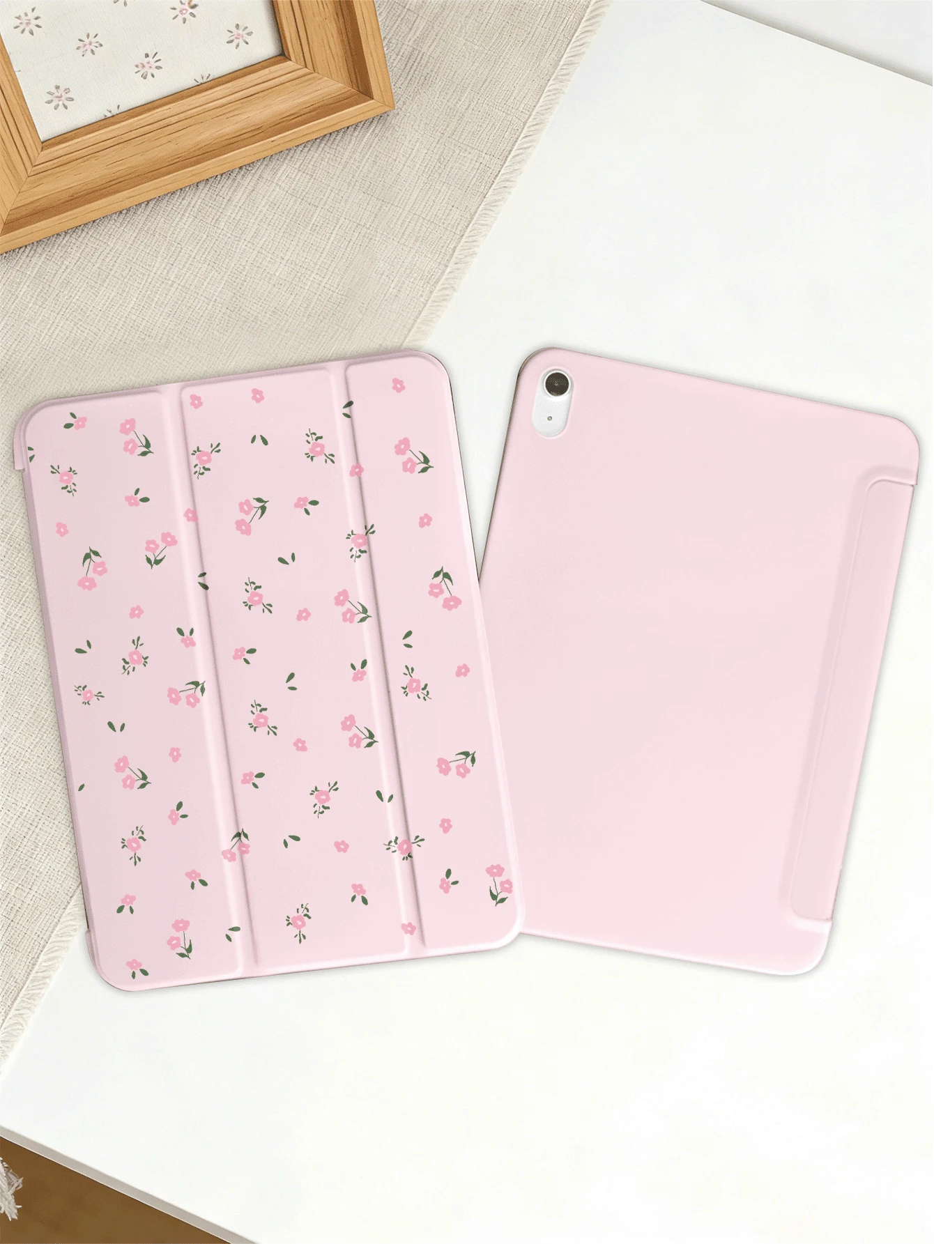 碎花与极简图案平板电脑保护套，兼容 iPad 7/8/9/10 代/Pro 12.9/Pro 11/11 代 (A16) 2025、Galaxy Tab S6 Lite / Galaxy Tab A11+ 2025，提供柔软防震保护，支持智能支架/自动唤醒/睡眠功能 - 粉色 - 查看 1
