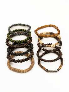 Set de 11 piezas de pulseras con cuentas de madera y cáscara de coco de estilo bohemio, adecuado para el uso diario de los hombres - Multicolor - Ver 7