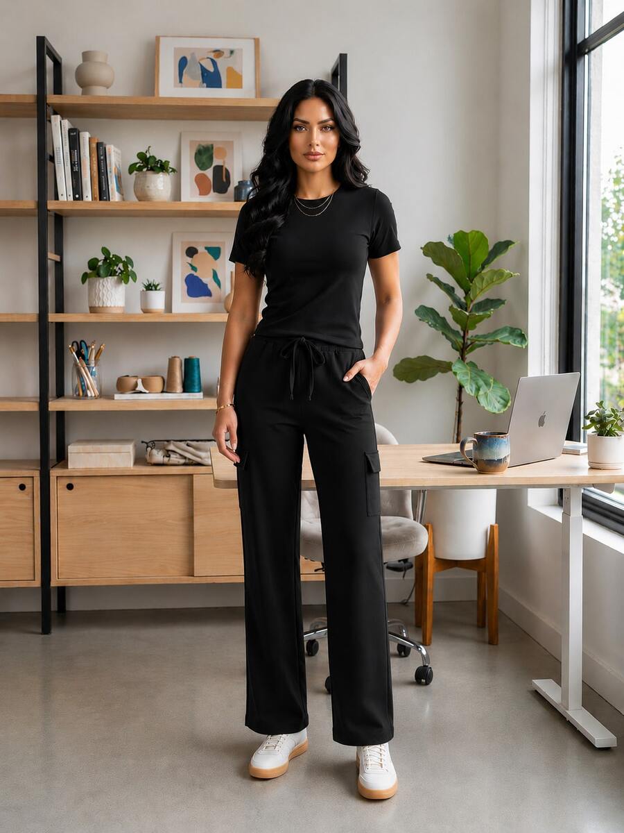 Conjunto Cómodo Casual De Pantalón Cargo Recto Y Blusa En Tela French Terry #55 - Negro - Ver 1