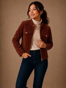 Women's Corduroy Jacket With Zipper - Elegant And Warm - Modern - Winter - Velvet - Zipper - Holiday - School - Vacation - Daily - Office - 駝色 - 查看 6