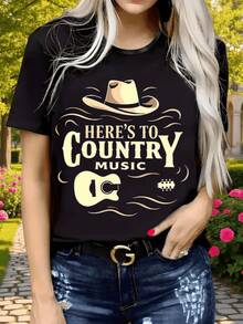 Sombrero vaquero con guitarra y ondas que evocan la libertad del campo y la pasión por la música country camiseta de mujer casual cómoda para uso diario - Negro - Ver 1