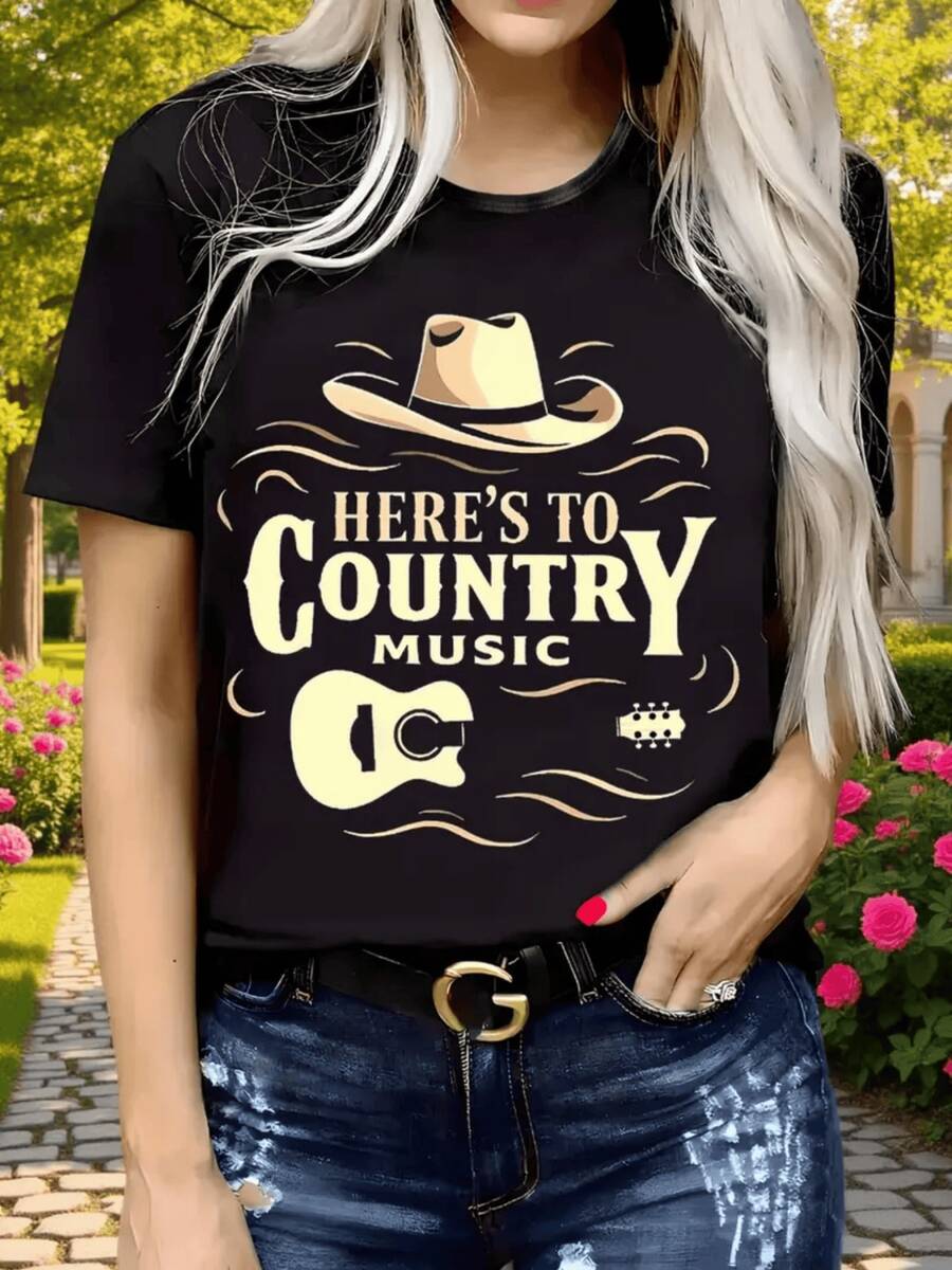 Sombrero vaquero con guitarra y ondas que evocan la libertad del campo y la pasión por la música country camiseta de mujer casual cómoda para uso diario - Negro - Ver 1