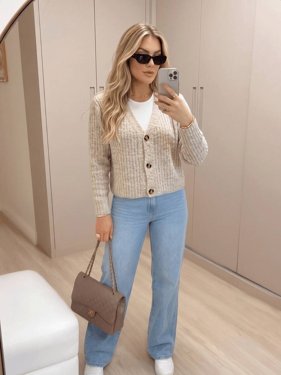 Women's Mousse Coat With Buttons, Ribbed Knit, Elegant, Long Sleeve, Basic Blouse For Cold Winter - Papiro beige - Ver 1