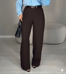 Women's Wide Leg Tailored Trousers With High Waist, Simple Zipper, Pockets, Sizes PP To GG, Office, Formal Evening And Night Wear, Modern Winter, Premium Textured Fabric - 咖啡棕 - 查看 2