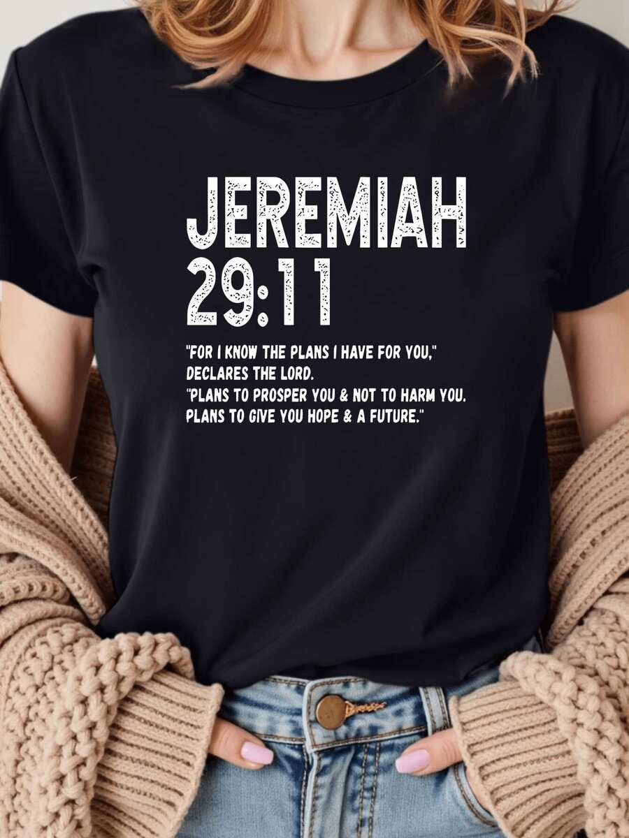 Camiseta Inspiradorara  - Camiseta Gráfica Casual de Manga Corta y Corte Entallado para Mujer - Gráfico Audaz 'JEREMIAH 29 11' con Versículo Bíblico de Esperanzerfecto para Uso Casual y Inspiración Diaria