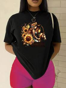 Camiseta de manga cortara mujer - Top casual suave retro de cuello redondo con mangas cortas, corte relado en línea H, liso para usar en capas o solo, lavable a máquinara uso diario y festivales, camiseta básica - Negro - Ver 2