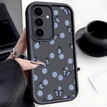 1 pieza Funda protectora de teléfono a prueba de golpes y antideslizante con diseño de mariposa azul y floral, compatible con iPhone, Honor, Galaxy - Negro - Ver 2