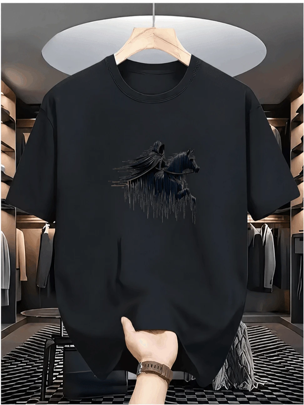 Unisex Printed Cotton T-Shirt With Round Neck And Short Sleeves In Black, Loose And Comfortable. - Back - View 1