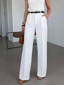 Pantalones anchos de cintura alta y color blanco, de peso ligero, con detalles plisados, esenciales para el transporte y el uso diario (incluye cinturón) - Blanco - Ver 7