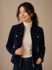 Women's Corduroy Jacket With Zipper - Elegant And Warm - Modern - Winter - Velvet - Zipper - Holiday - School - Vacation - Daily - Office - Màu xanh hải quân - Xem 3