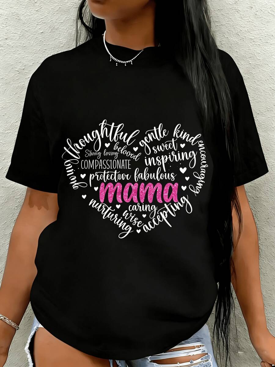Camiseta de mujer de cuello redondo pura estamp para el Día de la Madre, diseño simple, cómoda y transpirable, adecu para uso diario casual, que muestra un estilo l y elegante, imprescindible para fiestas de verano, atuendo casual, camiseta simple de color liso (corte hoado, consulte