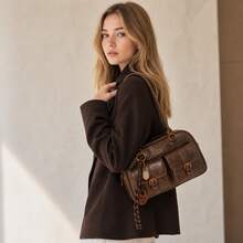 Large Brown & Coffee PU Handbag – Vintage Bowler Style Shoulder & Top Handle Bag For Office & Day Out - Coffee Brown - View 1