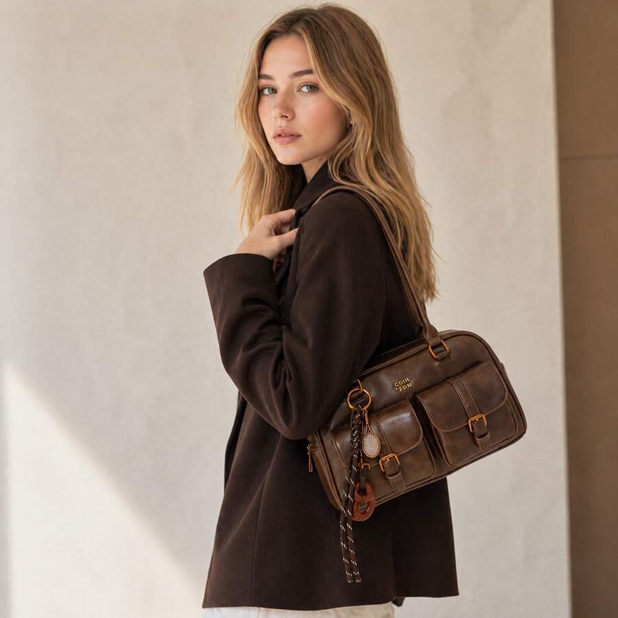 Large Brown & Coffee PU Handbag – Vintage Bowler Style Shoulder & Top Handle Bag For Office & Day Out - Coffee Brown - View 1