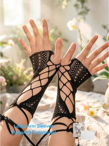 OBOVAY Tay áo ren đan chéo phong cách Y2K - Găng tay lưới xuyên thấu gợi cảm kiểu vintage - Phụ kiện cosplay phong cách JK thiên niên kỷ - Phong cách đường phố ngọt ngào cho mùa hè (toàn cầu), phù hợp với đồng phục/Lolita/Cosplay/trang phục hầu gái/váy. - trắng - Xem 3