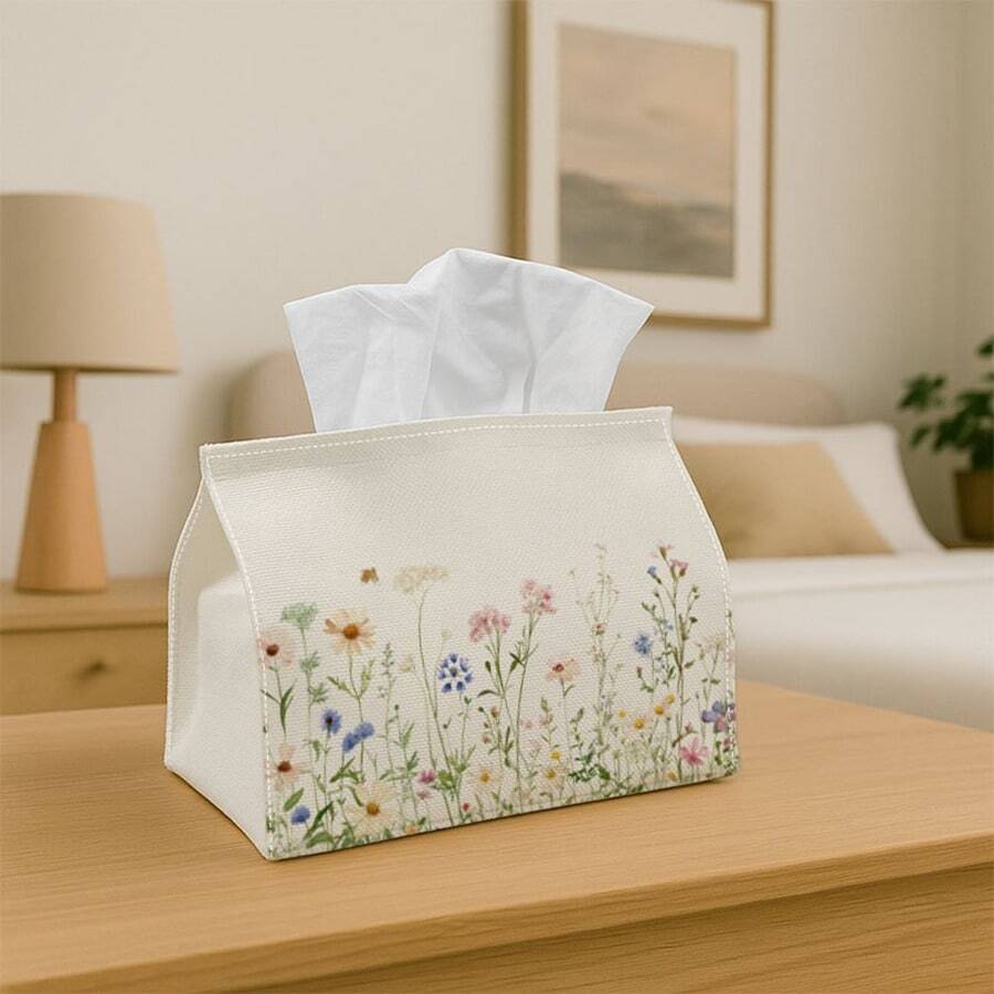 1pc Plant Art Floral Tissue Box, Wild Flower Illustration In Soft Pink Tone - Suitable For Home, Party, Car, Kitchen And Bathroom, Daily Tissue Paper Storage Box, Ideal For Party Supplies, Home Decor, Holiday Decoration