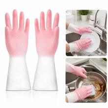 1 Pair Pink PVC Cleaning Gloves, Reusable Household Dishwashing Gloves With Long Cuff And Textured Palm For Kitchen Sink, Dishes, Bowls, Pots, Pans, Bathroom And Laundry Use - Pink (Large) - View 13