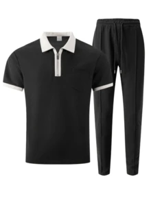 2pcs Men's Set: Contrast Color Half-Zip Waffle Polo Shirt + Drawstring Waist Casual Pants, Comfortable Breathable Stylish Color Block Outfit - 黑色 - 查看 2