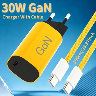 Bộ sạc tường GaN Type-C một cổng 30W kèm cáp dữ liệu Type-C bện dài 1M, bộ chuyển đổi sạc nhanh PD phù hợp cho máy tính bảng và điện thoại thông minh (17/16/15/14/13/12/11/X, iPad, Galaxy S25/S24/S23/S22, v.v.), màu vàng.