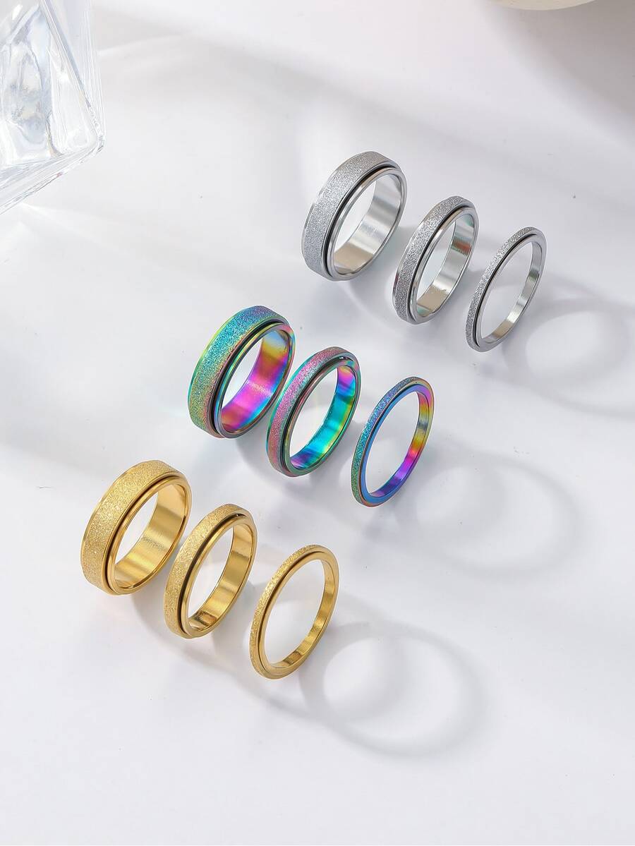 2/4/6mm Width Matte Rotatable Titanium Steel Rings - 3 Colors (Gold/Silver/Iridescent) Available, Matte Texture + Rotatable Anti-Stress Design, Anti-Fading And Hypoallergenic, Unisex Accessory Suitable For Daily Wear, Stress Relief, And Gift Giving - 3pcs - View 1