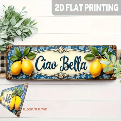 Biển hiệu kim loại phẳng 2D hình quả chanh "Ciao Bella" đơn giản, trang trí tường phong cách trang trại Ý cổ điển cho nhà bếp, phòng ăn, lối vào, hiên nhà - Không cần điện, trang trí tường nhà bếp | Thiết kế tối giản | Biển hiệu bằng gỗ tổng hợp, trang trí nhà bếp hình quả chanh, phù hợp cho 11 ngày lễ.