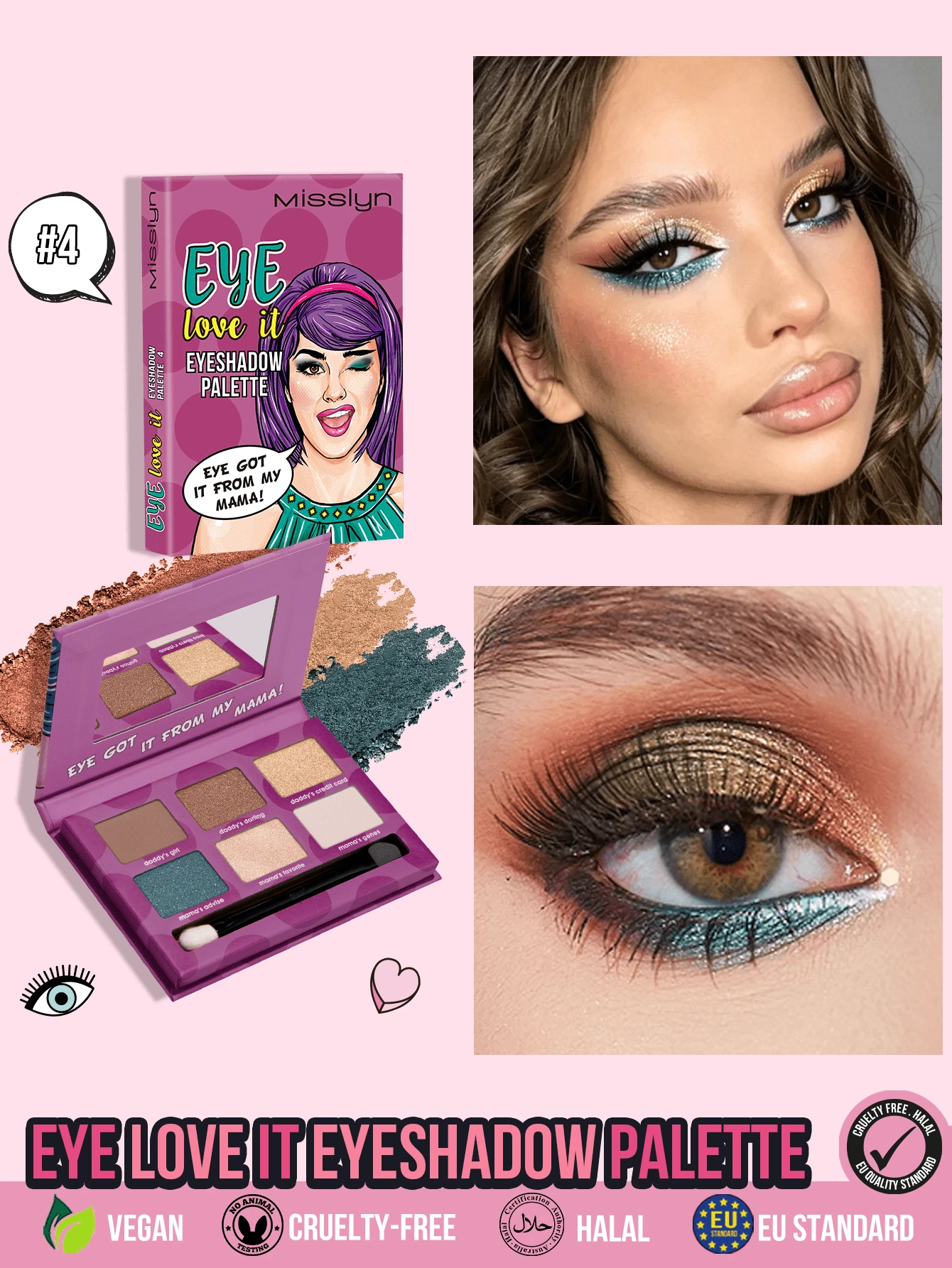 MISSLYN 1入 EYE Love It 6色眼影盤,附鏡子與刷具,高顯色、易暈染、質地滑順,持久眼妝盤,霧面、珠光與閃粉妝效,適合萬聖節、派對、Y2K風格與送禮 - #04 - 查看 1