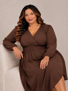Women's Plus Size Dress With Wrap Neckline, Long Sleeves, Side Slit, Loose Fit, For Parties - Rỉ Nâu - Xem 3