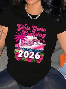 Camiseta Gráfica Gone Cruising - Camiseta Estilosa - Camiseta Gráfica Casual de Manga Corta y Corte ustado con Diseño de Crucero Rosa, Palmera Tropical y '2026' en Negrita Rodeados por Flo, Atuendo Casual, Camiseta Sólida de Color Simple (Corte Hoado, Consulte la Tabla de Tallas) - Negro - Ver 2