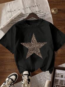 Estrella con patrón de leopardo que simboliza fuerza independencia y una energía salvaje que refleja la confianza interior camiseta de mujer casual moderna cómoda para uso diario - Negro - Ver 1