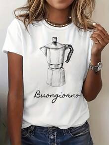 Buenos días, camiseta estampada con diseño de estilo italiano, de manga corta y cuello redondo, informal, adecuada para verano y primavera, ropa de mujer.una camiseta estampada muy distintiva / estilo unisex / adecuada tanto para hombres como para mujeres / resistente a las arrugas / transpirable - Blanco - Ver 1