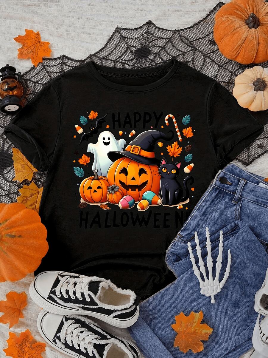 Camiseta de manga corta naranjara mujer, i para Halloween, con estampado de calabaza, fa y gato negro. Camiseta ligera de secado rápido (corte hoado, consulte el gráfico de tallas)