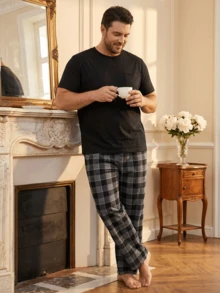 Men's Plus Size Pajama Set, Solid Color Short Sleeve T-Shirt + Black Plaid Long Pants, Fun Design, Suitable For Home Leisure - Black - View 2
