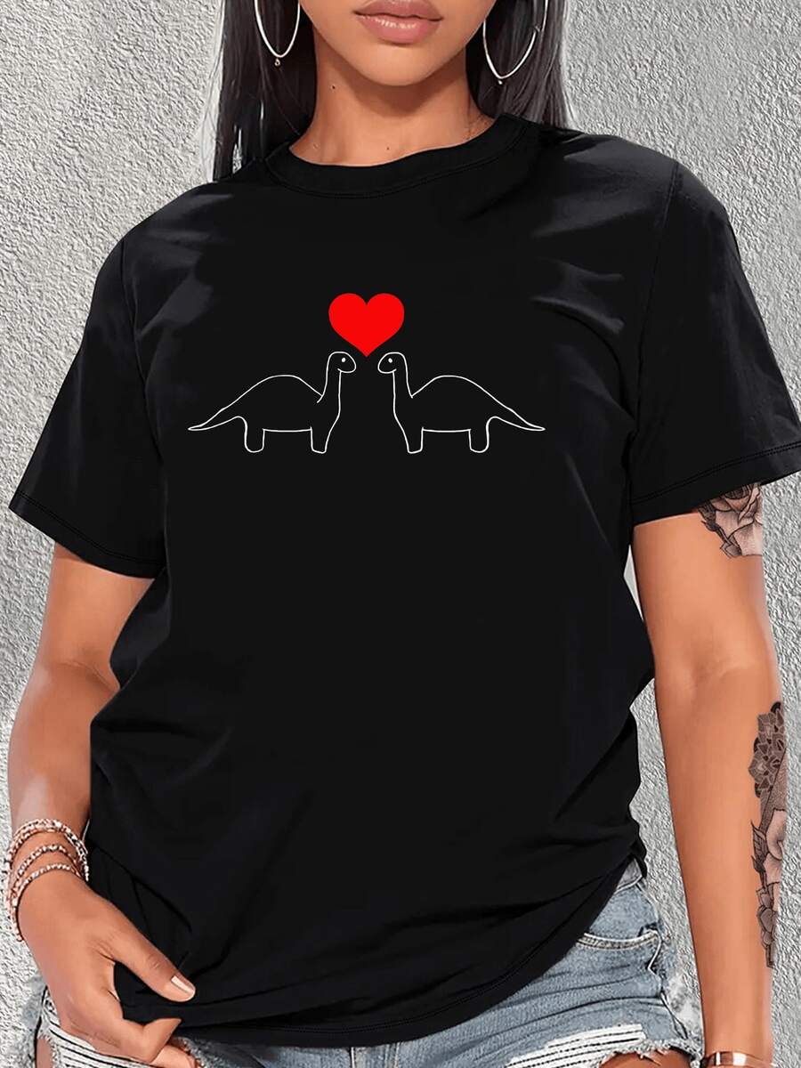 Valentine'S Day Deja Que Nuestros Corazones Unan Estampado Moda Cuello Redondo Camiseta de Mujer, Top de Manga Corta Ligero de Secado Rápido (Corte Hoado, Por Favor Consulta La Tabla de Tallas)