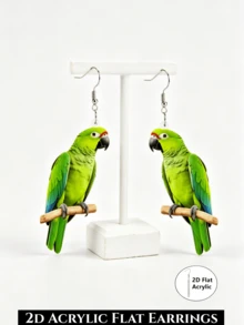 2D Flat Green Parrot Acrylic Drop Earrings, Double-Sided Printed, Flat Acrylic Material, Creative Fashion Earrings, Exquisite Gift - Green Parrot - View 2