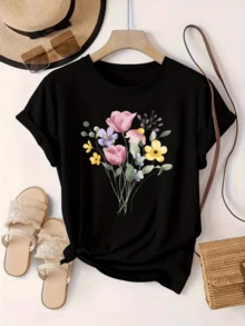 A Bouquet Of Colorful Flowers Symbolizing Joy, Hope, And Freshness, With Pink, Yellow, And Lilac Petals Representing The Beauty Of Nature. A Comfortable And Modern Casual Women's T-Shirt. - 黑色 - 查看 8