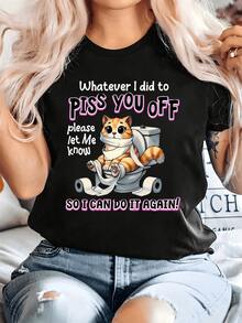 Humorous Cartoon Cat Graphic T-Shirt On The Toilet - T-Shirt - Casual Short Sleeve Slim Fit Graphic T-Shirt With A Bandaged Cat Sitting On A Toilet With Toilet Paper Rolls, Quirky, Lightweight, Quick-Drying (Fitted Cut, See Size Chart) - 黑色 - 查看 1