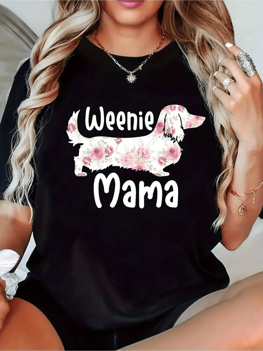 Camiseta drtidara mamá Wo - Camiseta gráfica Weenie Mama con perro salchicha floral, camiseta ligera de uso diario para regalos del Día de la Madre, atuendos casuales - Camiseta negra de uste regular lavable a máquina, texto drtido De, camiseta de manga corta casual elegante de uste