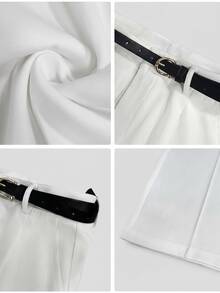 Pantalones anchos de cintura alta y color blanco, de peso ligero, con detalles plisados, esenciales para el transporte y el uso diario (incluye cinturón) - Blanco - Ver 2