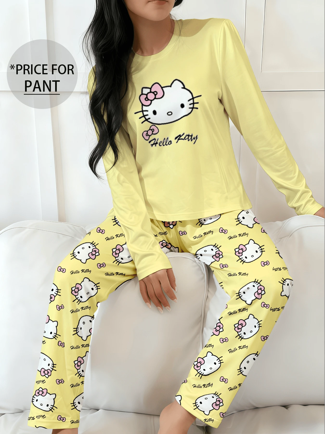 SANRIO 1 chiếc quần ngủ nữ Hello Kitty, đồ ngủ phong cách Y2K dễ thương, quần mặc nhà chủ đề Hello Kitty, mùa đông - Màu vàng - Xem 1