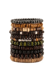 Set de 11 piezas de pulseras con cuentas de madera y cáscara de coco de estilo bohemio, adecuado para el uso diario de los hombres - Multicolor - Ver 10