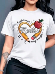 Heart Formed By Pencils With A Bright Red Apple Symbolizes The Passion And Dedication Of Teachers To Teach With Love And Commitment. Comfortable Casual Women's T-Shirt For Everyday Wear - 白色 - 查看 8