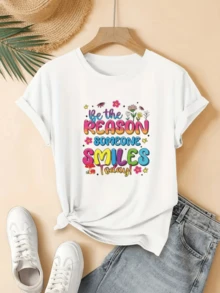 Frases coloridas que inspiran alegría con flores y letras luminosas que transmiten energía positiva y optimismo perfecta para días felices camiseta de mujer casual cómoda diaria - Blanco - Ver 1