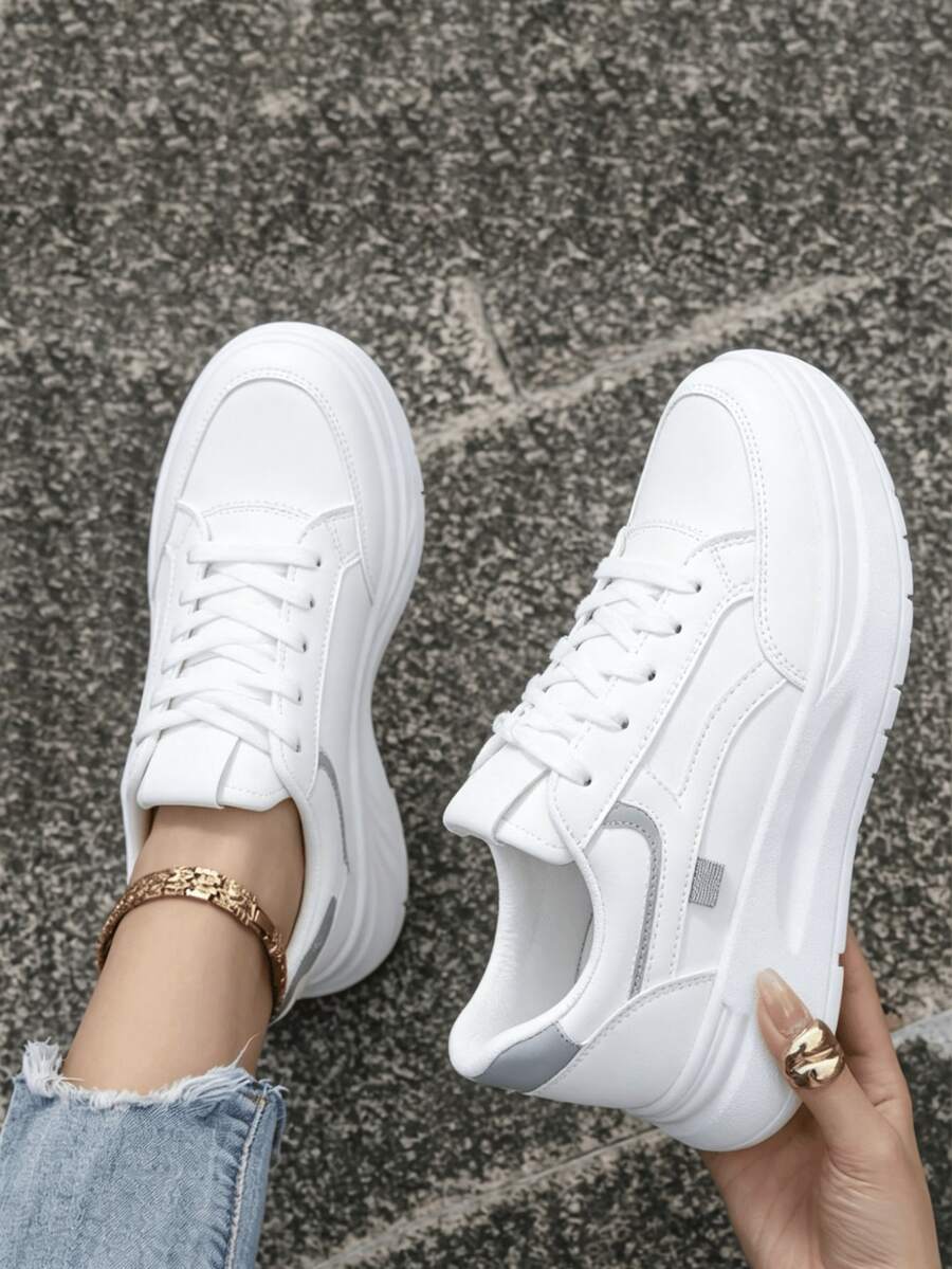 Women's Four Seasons Leather Stitched White Shoes Slip-On Lace-Free Lazy Shoes Comfortable Platform Board Shoes Women's Sneakers Sandalias De Mujer - 灰色 - 查看 1
