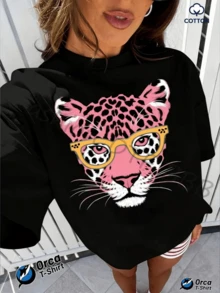Pink Leopard Print With Yellow Glasses Represents Inner Strength And Feminine Elegance, Highlighting A Free Spirit And A Modern, Comfortable Women's T-Shirt For Everyday Wear. - 黑色 - 查看 8