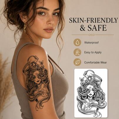 6pcs/1pc Medusa Pattern Waterproof Temporary Tattoo Stickers, Plant Juice Ink, Non-Reflective, Lasting 10-12 Days, Realistic Black Fake Tattoo [Waterproof Realistic Tattoo, Lasting 1-2 Weeks] [Face, Hand, Foot] [Music Festival] [Party Makeup],Sketch Style