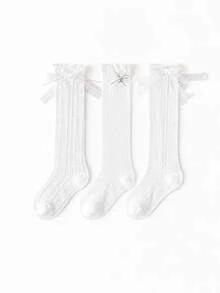 3 Pairs Girls White Lace Bow Knee High Socks, Breathable Mesh Ruffle Princess Socks Suitable For Girls' Daily Wear And Parties - Multicolor - View 4