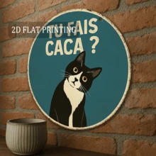2D平面，8.0英寸圆形铁艺墙饰 - 趣味猫咪标语“Vous Faites Caca?”（你拉屎吗？），适用于客厅、办公室、厨房，幽默墙面艺术，猫咪爱好者礼物，独特家居装饰，猫咪墙画，办公室装饰，2D平面，预钻孔，款式如图所示 - 多色 - 查看 6