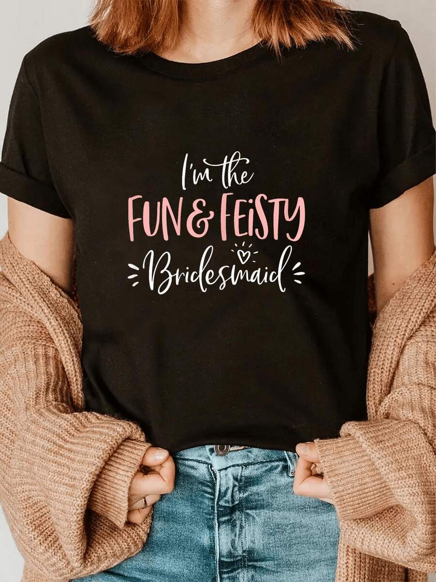 Matching Bridesmaid T-Shirt - Bridesmaid Matching Outfits, Short Sleeve T-Shirt That Won't Shrink Or Pill, Casual Wedding Wear Suitable For All Seasons, Machine Washable - 黑色 - 查看 1