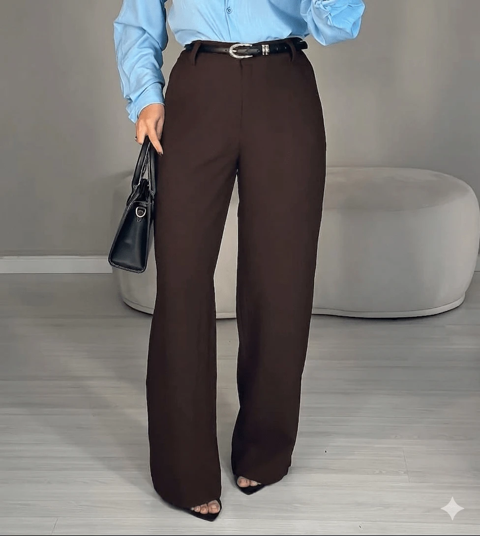 Women's Wide Leg Tailored Trousers With High Waist, Simple Zipper, Pockets, Sizes PP To GG, Office, Formal Evening And Night Wear, Modern Winter, Premium Textured Fabric - 咖啡棕 - 查看 1